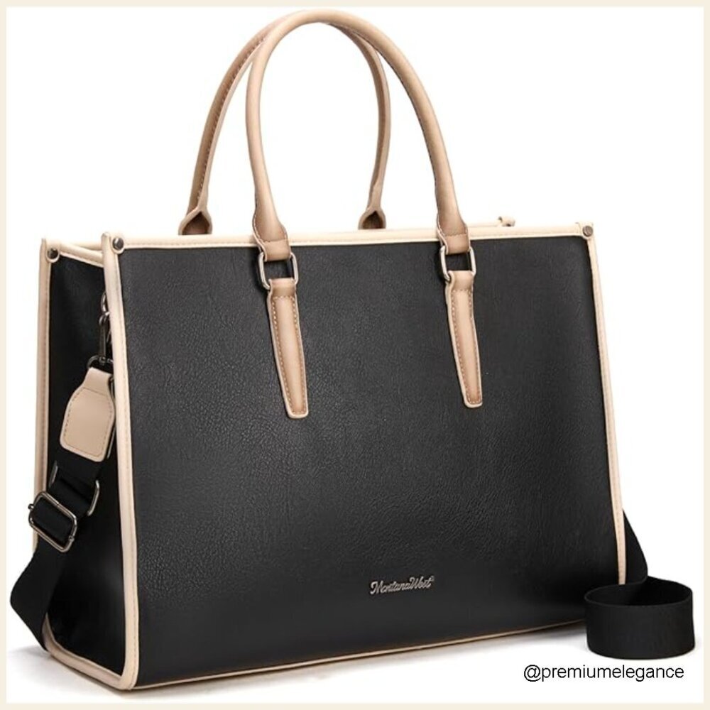 15.6 Inch Laptop Tote Bag Vegan Leather Briefcase Adjustable Strap